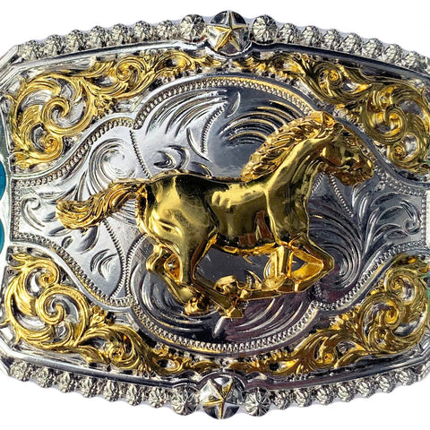 Western Horse with Turquoise Stones Gold & Silver Plated Belt Buckle