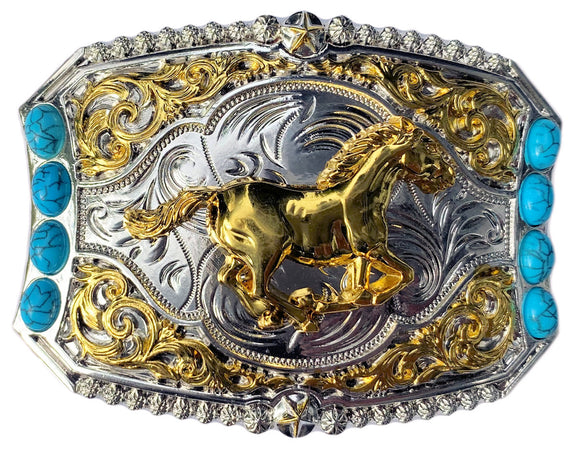 Western Horse with Turquoise Stones Gold & Silver Plated Belt Buckle