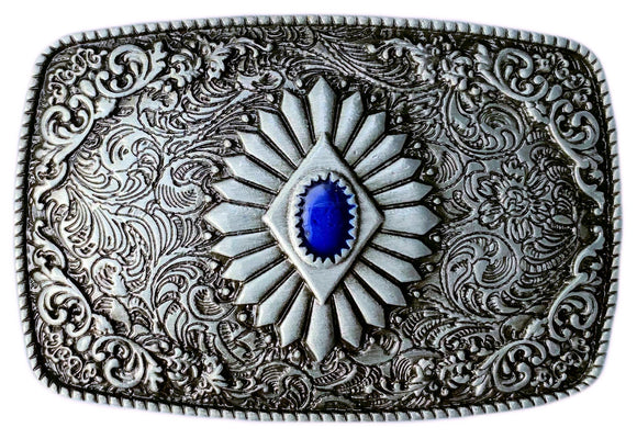 Western Rectangle Antique Pewter Plated with a Blue Stone Belt Buckle