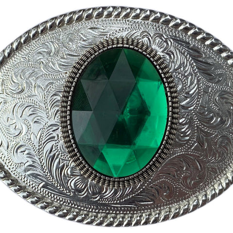 Western Silver Plated Belt Buckle with Green Cabochon