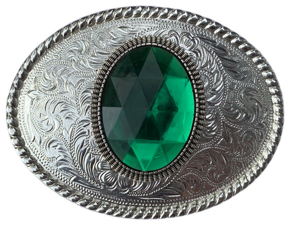 Western Silver Plated Belt Buckle with Green Cabochon