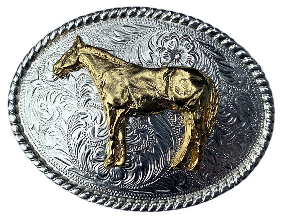Western Silver Plated Belt Buckle Gold Plated Horse