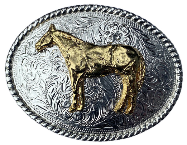 Gold Horseshoe & Abalone Plated Silver Belt Buckle Prancing Horse measures 3.5 in x high quality 3 in