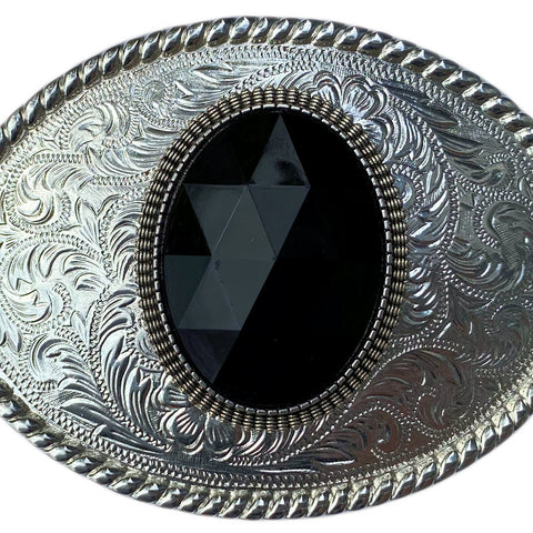 Western Silver Plated Belt Buckle with Black Cabochon