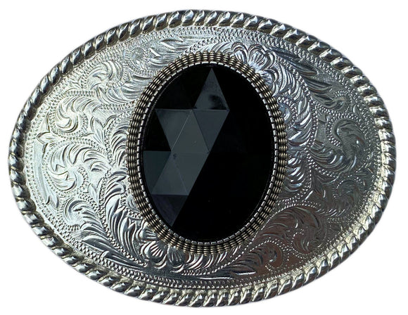 Western Silver Plated Belt Buckle with Black Cabochon