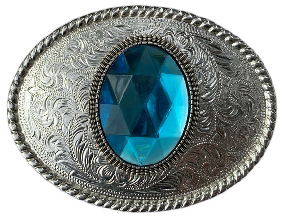 Western Silver Plated Belt Buckle with Light Blue Cabochon