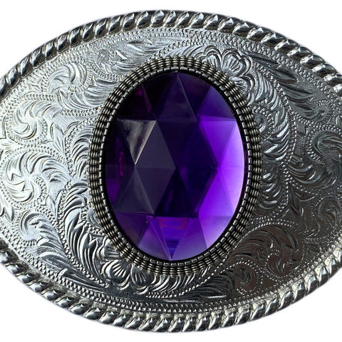 Western Silver Plated Belt Buckle with Purple Cabochon