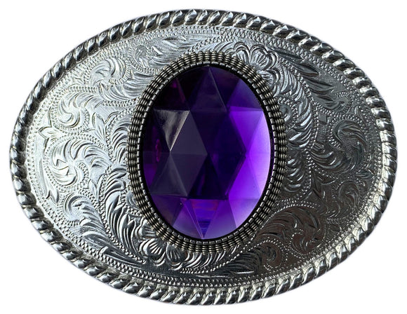 Western Silver Plated Belt Buckle with Purple Cabochon