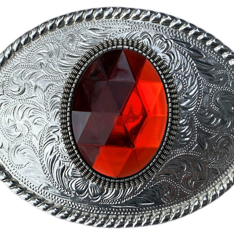 Western Silver Plated Belt Buckle with Red Cabochon