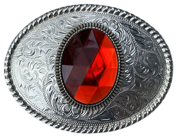 Western Silver Plated Belt Buckle with Red Cabochon