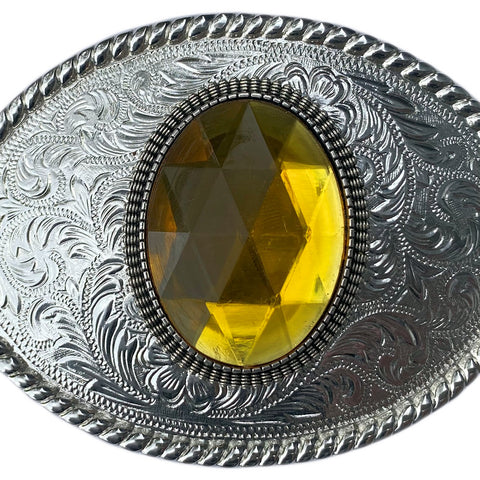 Western Silver Plated Belt Buckle with Yellow Cabochon