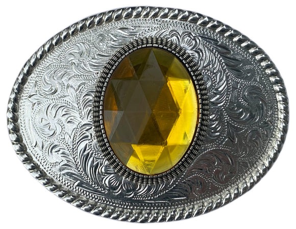 Western Silver Plated Belt Buckle with Yellow Cabochon
