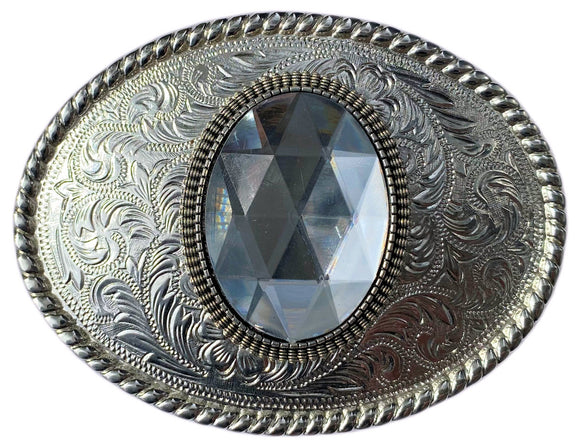 Western Silver Plated Bet Buckle with Crystal Clear Cabochon