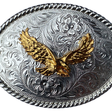 Western Silver Plated Trophy Belt Buckle Gold Plated Eagle Flying