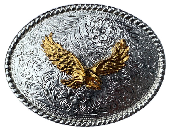Western Silver Plated Trophy Belt Buckle Gold Plated Eagle Flying