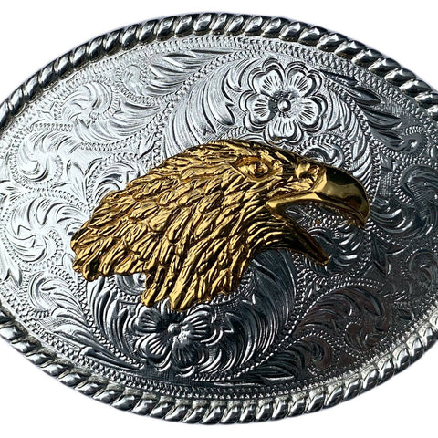 Western Silver Plated Trophy Belt Buckle Gold Plated Eagle Head