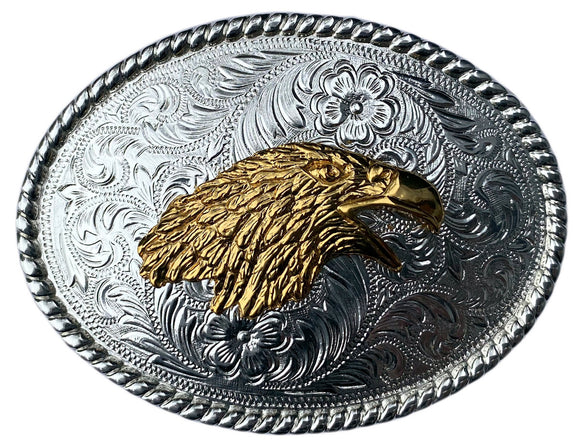 Western Silver Plated Trophy Belt Buckle Gold Plated Eagle Head