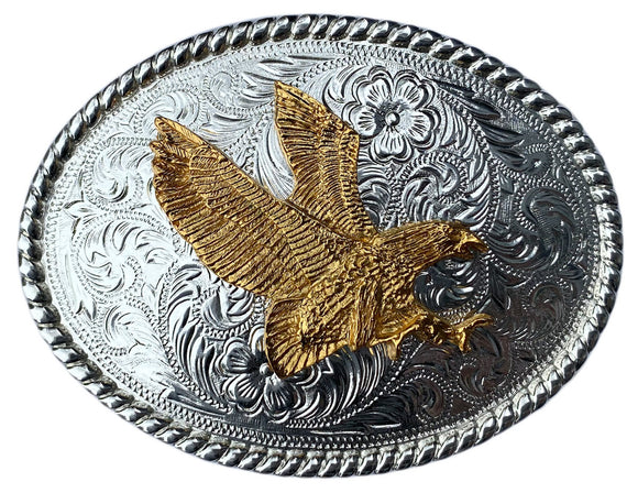 Western Silver Plated Trophy Belt Buckle Gold Plated Eagle Soaring