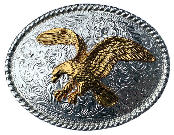Western Silver Plated Trophy Belt Buckle Gold Plated Flying Eagle
