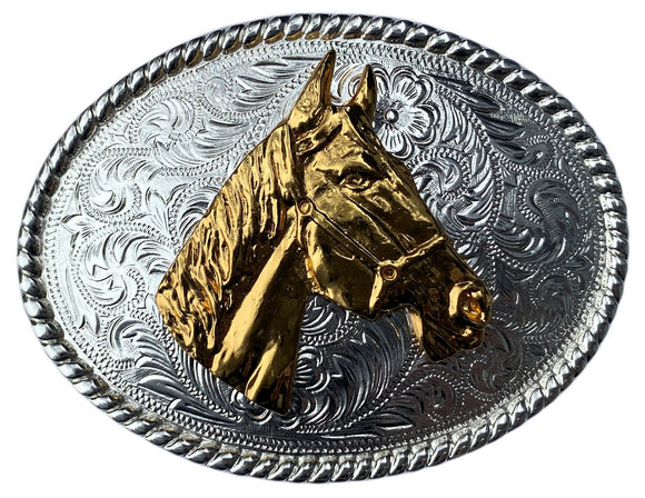 Western Style Silver Plated Trophy Belt Buckle Gold Plated Horse Head