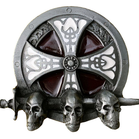 3 Skulls Shield with Sword Belt Buckle