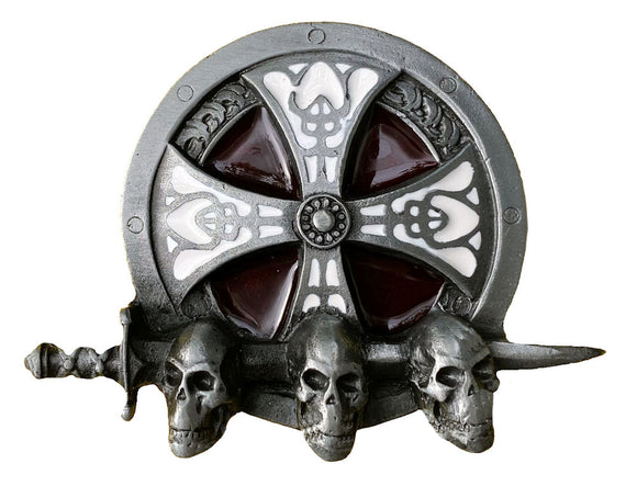 3 Skulls Shield with Sword Belt Buckle