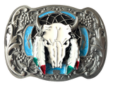 Buffalo Skull Feathers Blue Belt Buckle