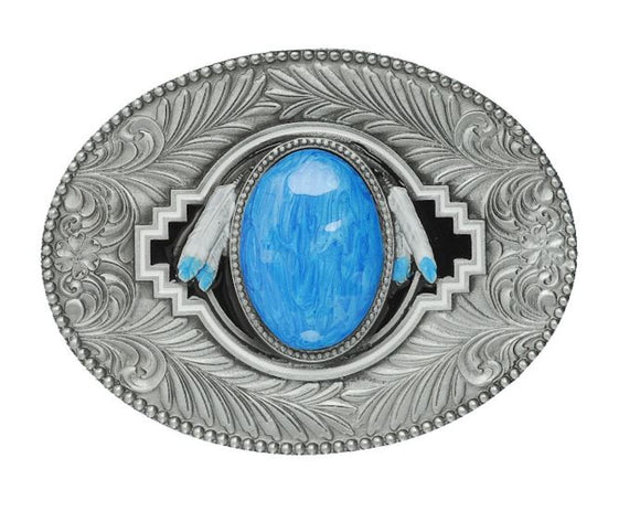 Oval Feathers Turquoise Belt Buckle