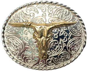 Rodeo Brass Steer Silver Oval Belt Buckle
