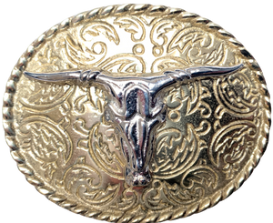 Rodeo Silver Steer Brass Oval Belt Buckle